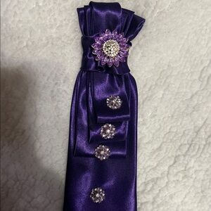 Purple Satin Tie Necklace with Brooch and Crystal Accents